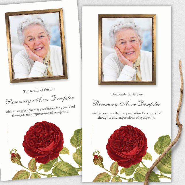Cartes de remerciement funéraire | Rose rouge et p (funeral thank you cards, bereavement, elegant, simple, celebration of life, sympathy card)