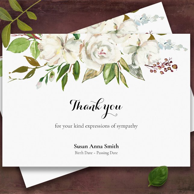Cartes de remerciement funéraire | Roses blanches  (White roses sympathy bereavement memorial funeral thank you card)
