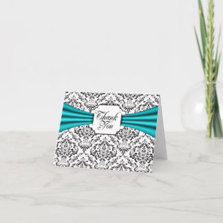 Cartes de remerciement noir blanc aqua damassé