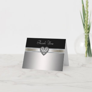 Cartes de remerciement Perles de cœur Noir Argent