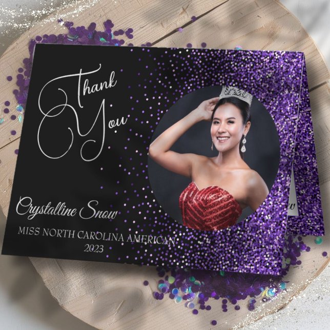 Cartes de remerciement personnalisées | Parties sc (Show off your sparkle and gratitude with custom purple glitz custom photo pageant thank you cards)