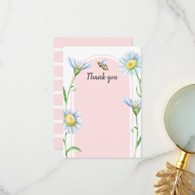 Cartes de remerciement Pink Bee avec Daisies (Devant/Arrière en situation)