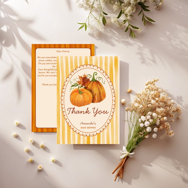 Cartes de remerciement pour baby shower petit citr (Little pumpkin retro stripes fall baby shower thank you cards template)