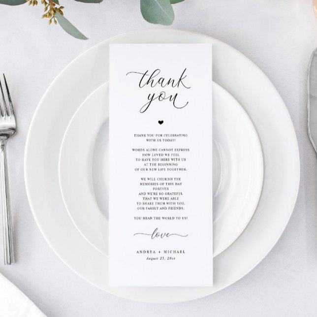 Cartes de remerciement pour réception de mariage É (Elegant Romantic Wedding Menus for Reception Tables or Plates - Modern Minimalist Black and White)