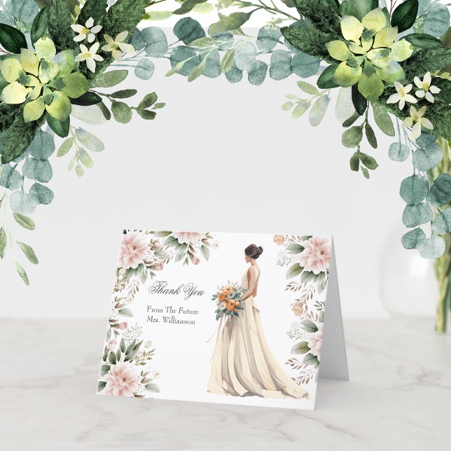 Cartes de remerciement pour robe de mariée de douc (Bridal Shower Thank you card with Bride in Wedding dress. Pink White Floral)