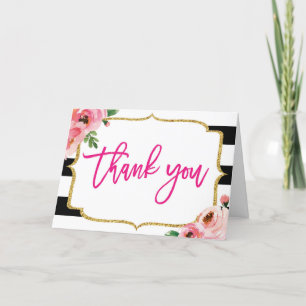 Cartes de remerciement rayées noir et blanc floral