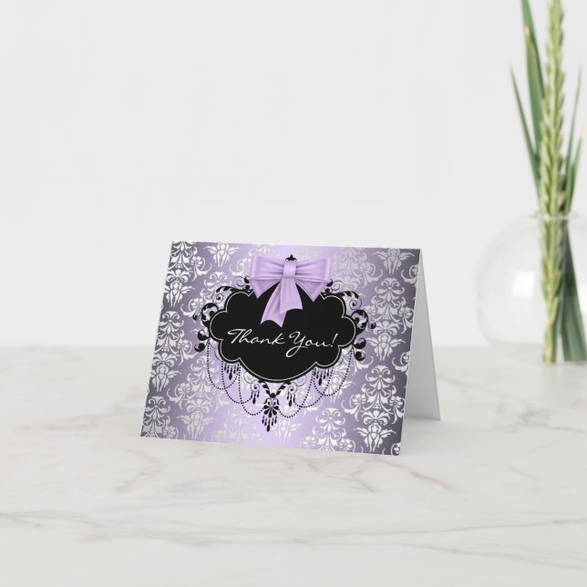 Cartes de remerciement violet et noir Damask (Devant)