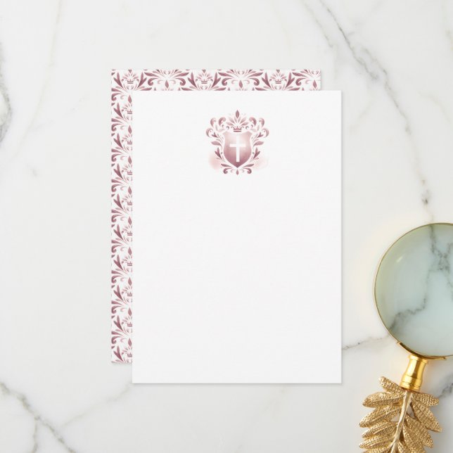 Cartes de Remerciements Dusty Pink Crest & Cross (Devant/Arrière en situation)