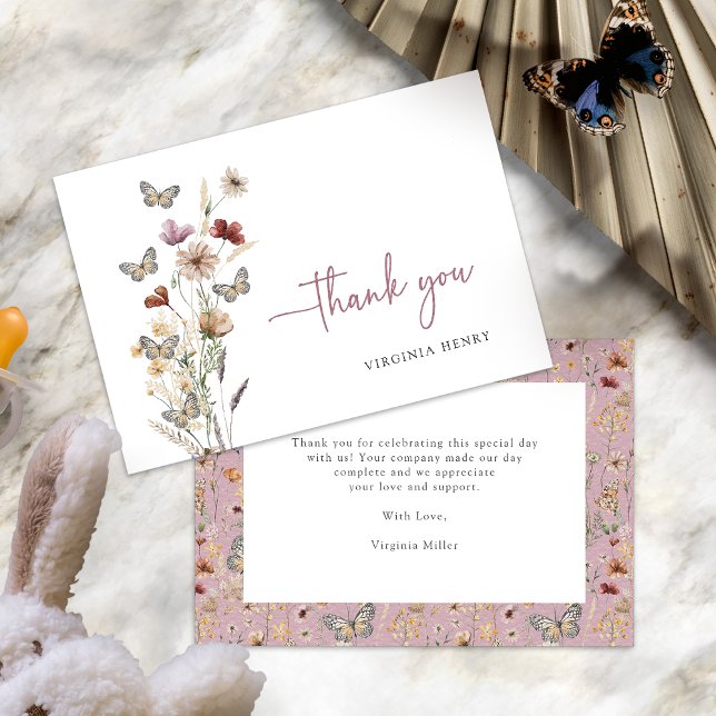 Cartes de Remerciements Fleurs sauvages Roses (Dusty Pink Wildflower Thank You Cards with Butterflies by Painted Paperie
)