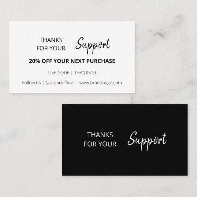 Cartes de Remise Noire Code Promo Merci (Devant / Derrière)