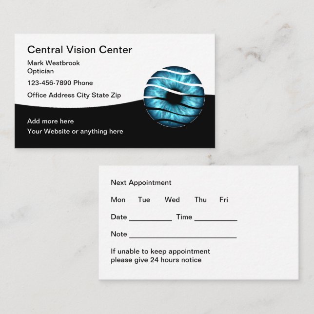 Cartes de rendez-vous d'opticien ophtalmologue élé (Devant / Derrière)