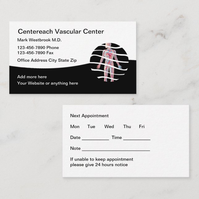 Cartes de rendez-vous pour soins vasculaires éléga (Devant / Derrière)