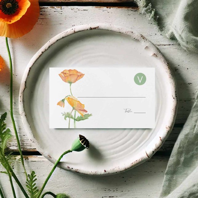 Cartes de Repas de Mariage Fleurs Aquarelles  (Watercolor orange poppy wedding place cards with meal choice by Do Tell A Belle)