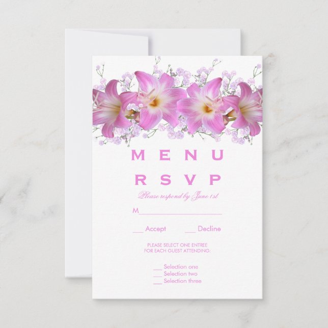 Cartes de réponse au menu de mariage aux lis bella (Devant)