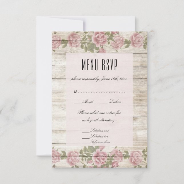 Cartes de réponse au menu de mariage avec des rose (Devant)