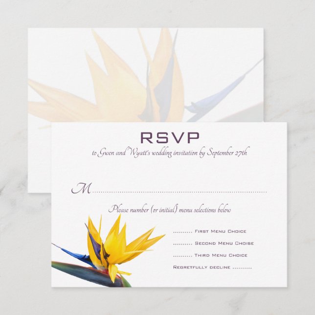 Cartes de réponse au menu de mariage blanc Bird of (Devant / Derrière)
