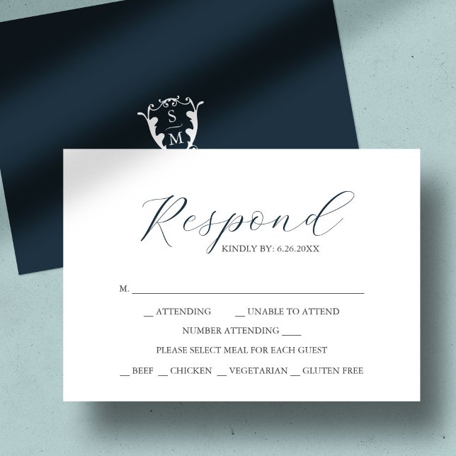 Cartes de réponse avec monogramme et choix de repa (custom monogram wedding rsvp card navy blue)