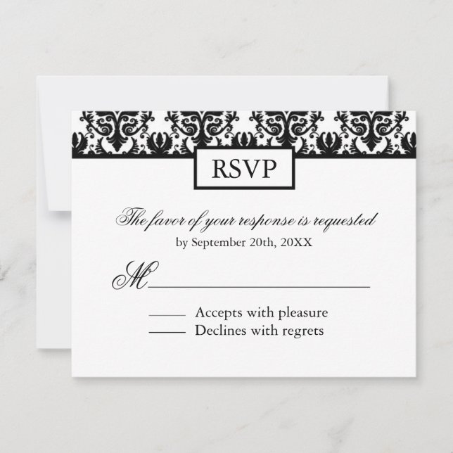 Cartes de réponse Damas noir et blanc - RSVP (Devant)