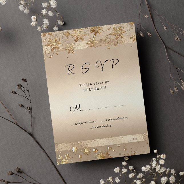 Cartes de réponse de luxe Flocons de neige dorés C (Champagne Golden Snowflakes Luxury RSVP)