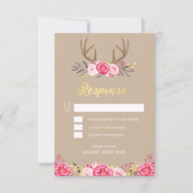 Cartes de réponse de mariage aux pivoines rustique (Devant)