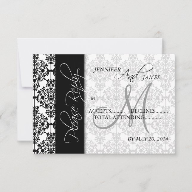Cartes de réponse de mariage Black Damask 5 Monogr (Devant)