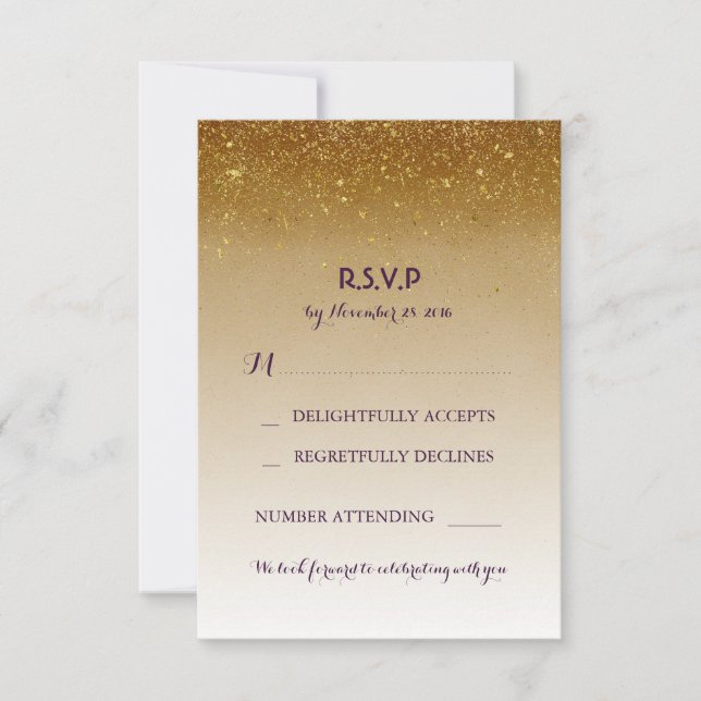 Cartes de réponse de mariage blanc pailleté or Gla (Devant)