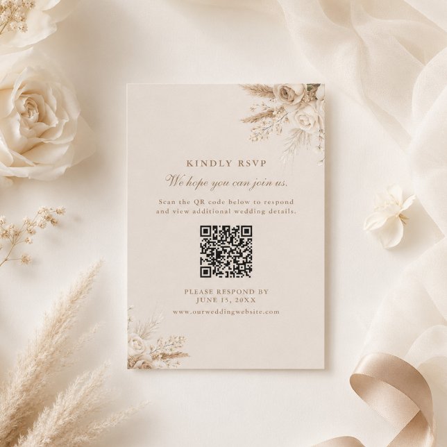Cartes de réponse de mariage Champagne Beige avec  (Ivory Roses Champagne Beige QR Code Wedding RSVP Card)