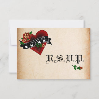 Cartes de réponse de mariage cœur et rose tatouage