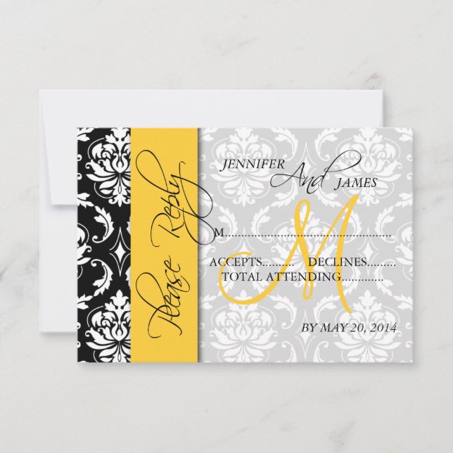 Cartes de réponse de mariage Damask Monogramme Jau (Devant)