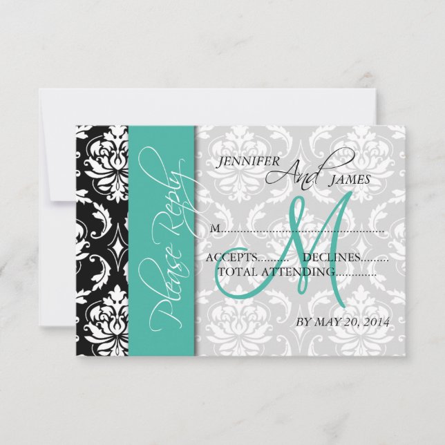 Cartes de réponse de mariage Damassé Monogramme Tu (Devant)