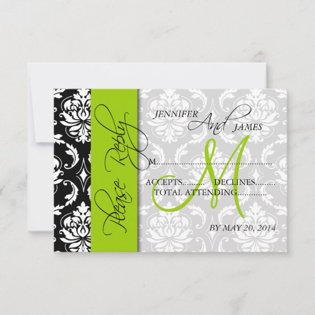 Cartes de réponse de mariage Damassé Monogramme Ve (Devant)