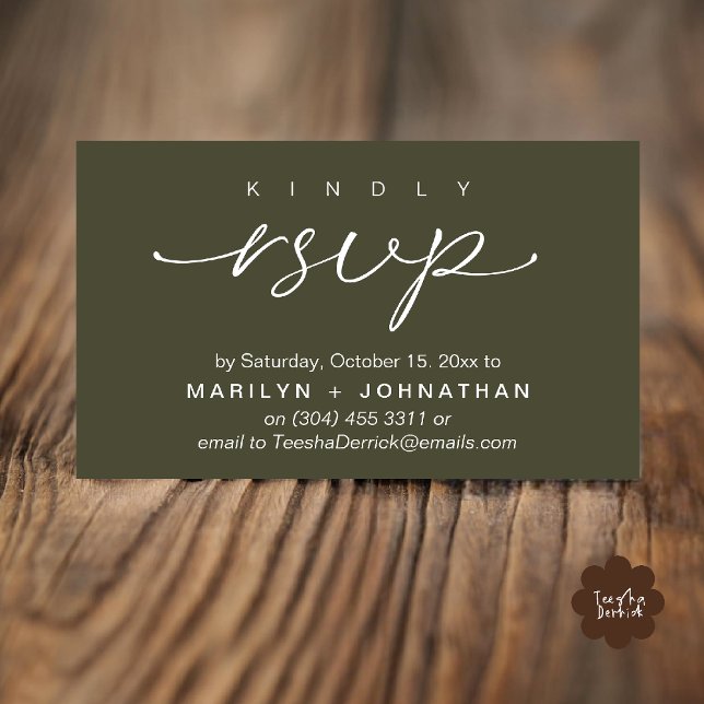 Cartes de Réponse de Mariage Élégantes par Télépho (Elegant Wedding Invites RSVP via Phone or Email Card in olive green)