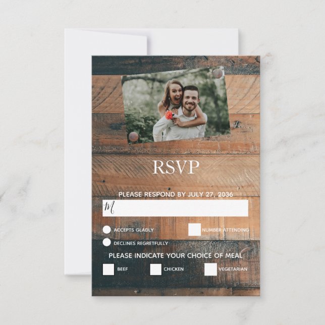 Cartes de réponse de mariage en bois rustique avec (Devant)
