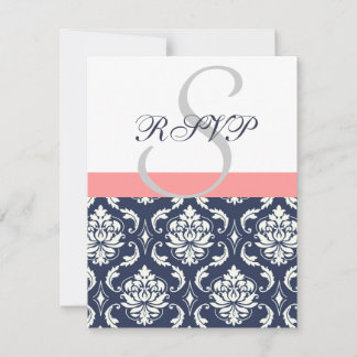 Cartes de réponse de mariage en damas bleu marine