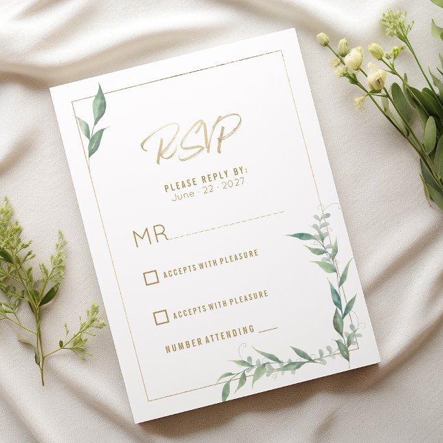 Cartes de réponse de mariage en vert botanique et  (Botanical mint green gold greenery Wedding RSVP)