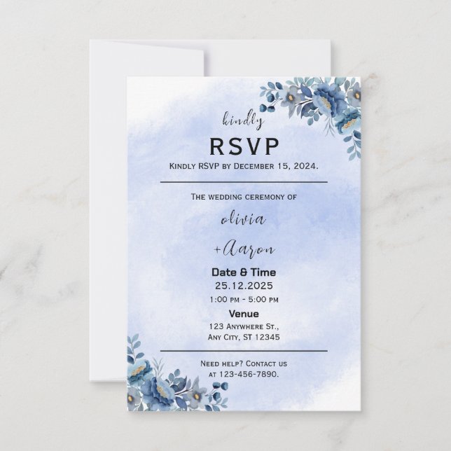 Cartes de réponse de mariage florales bleues (Devant)