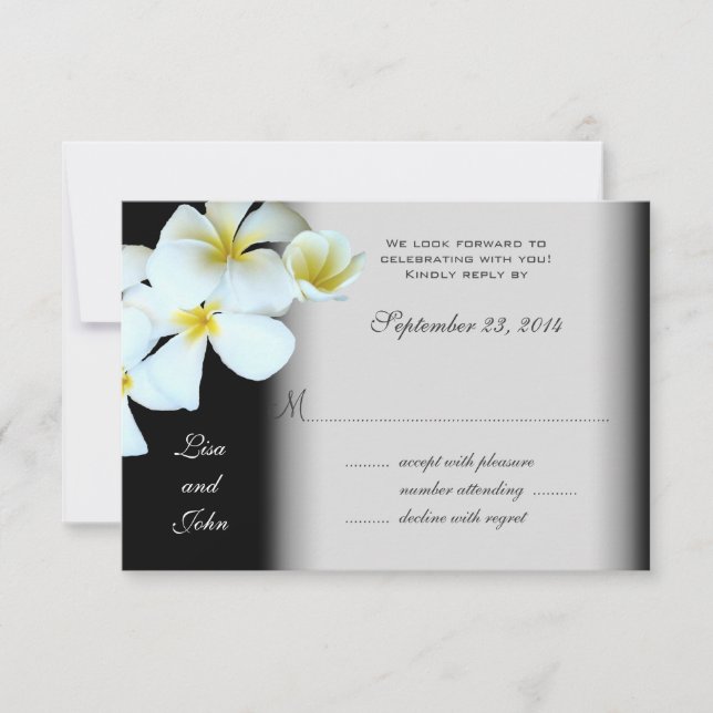 Cartes de réponse de mariage noir avec plumeria (Devant)