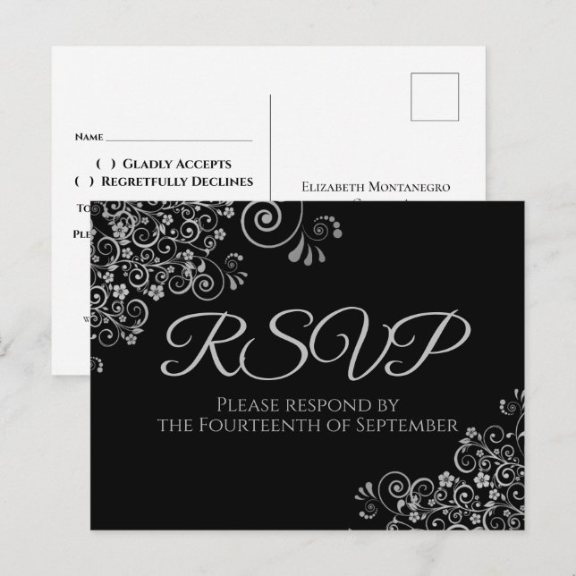 Cartes de réponse de mariage noir élégant simple a (Devant / Derrière)