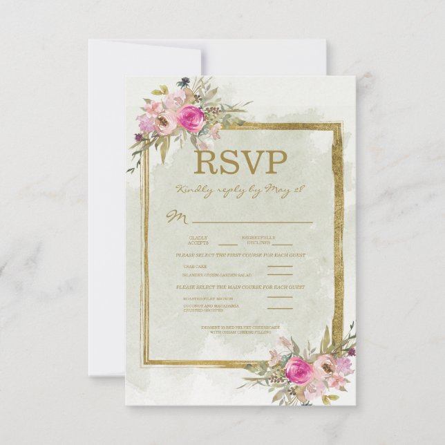 Cartes de réponse de mariage Rose Fleurie Vert Sau (Devant)