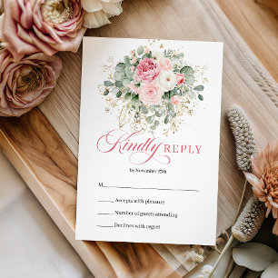Cartes de réponse de mariage Roses Eucalyptus Or B