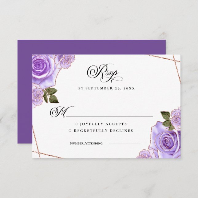 Cartes de réponse de mariage Roses violettes et do (Devant / Derrière)