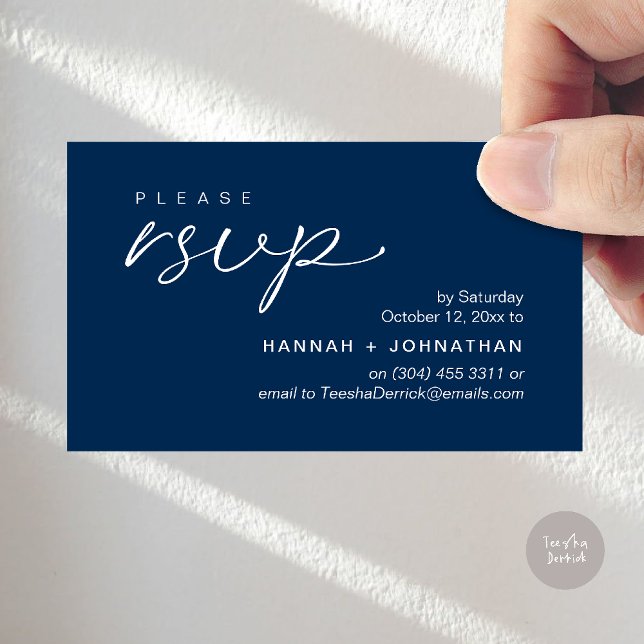 Cartes de réponse de rappel pour invitations de ma (Modern Romantic Wedding Invites RSVP Reminder Card in Navy Blue)