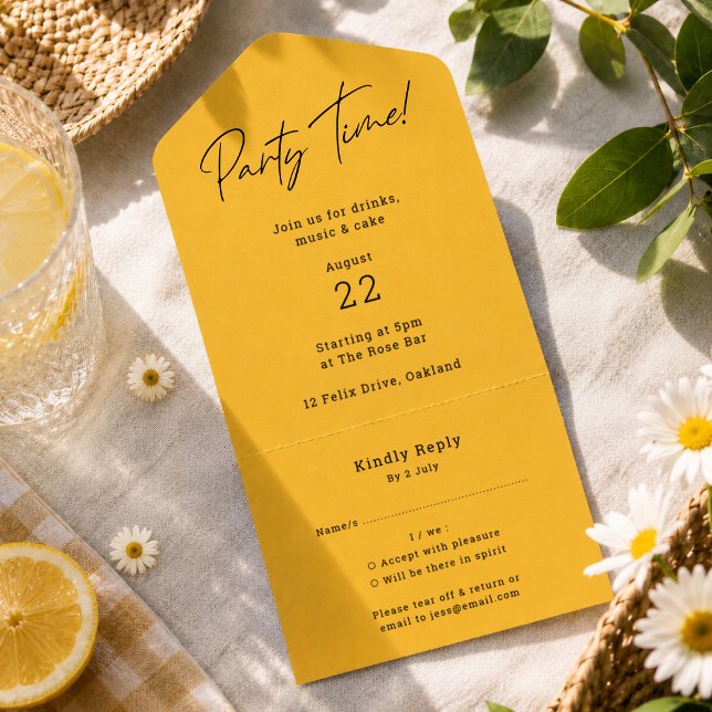 Cartes de réponse détachables pour invitations à l (Yellow party invitation with tear off RSVP card for birthdays, drinks, music, and cake.)