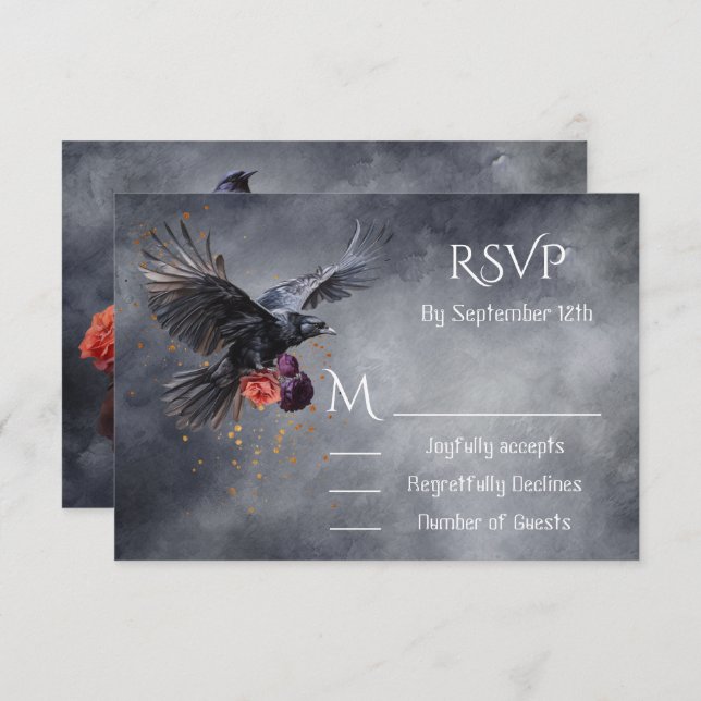Cartes de réponse du Mariage floral Goth Crow RSVP (Devant / Derrière)