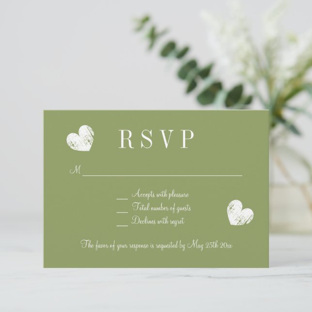 Cartes de réponse du mariage RSVP vert mousse élég (Debout devant)