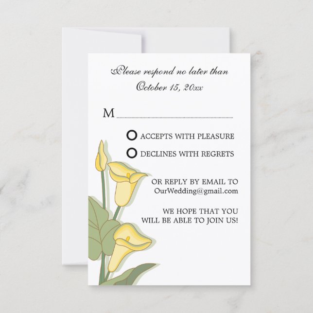 Cartes de réponse élégantes Calla Lily Jaune (Dos)