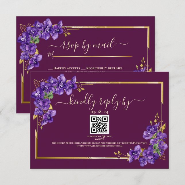 Cartes de réponse élégantes violettes et bordeaux  (Devant / Derrière)
