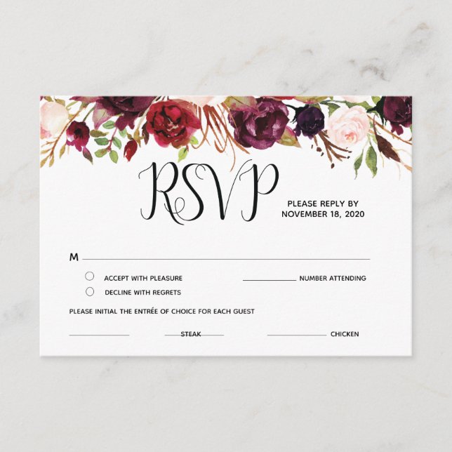 Cartes de réponse florales Bourgogne (Devant)