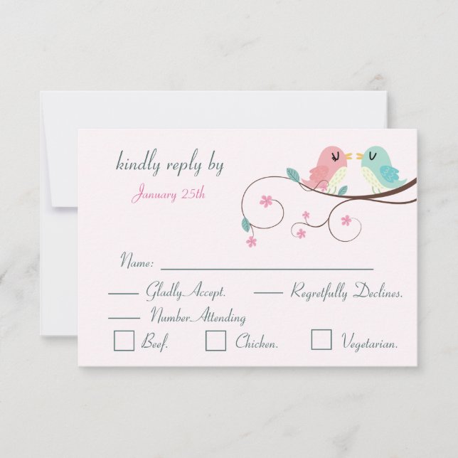 cartes de réponse florales rose oiseaux de l'amour (Devant)
