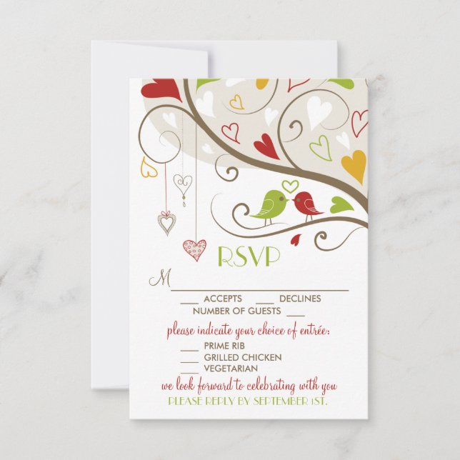 Cartes de réponse jolis oiseaux amoureux vert et r (Devant)